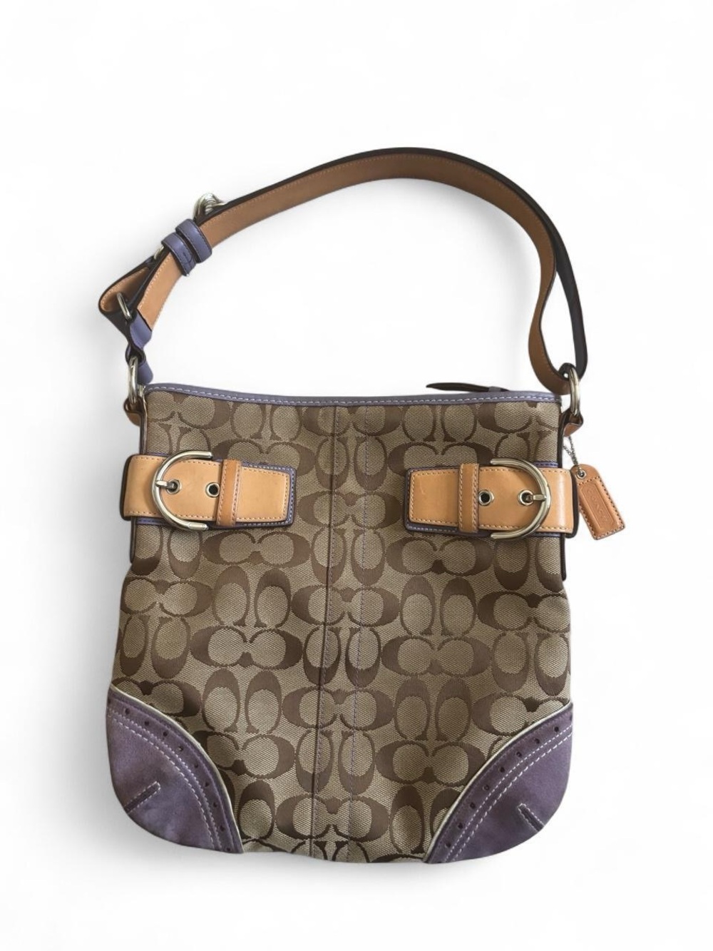Coach Brown Signature Canvas Shoulder Bag with Tan Trim and Purple Accents